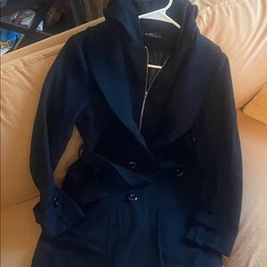 Mi Rou Plus Basic Women's Wool Black Coat with inner Vest, Hoodie and Collar